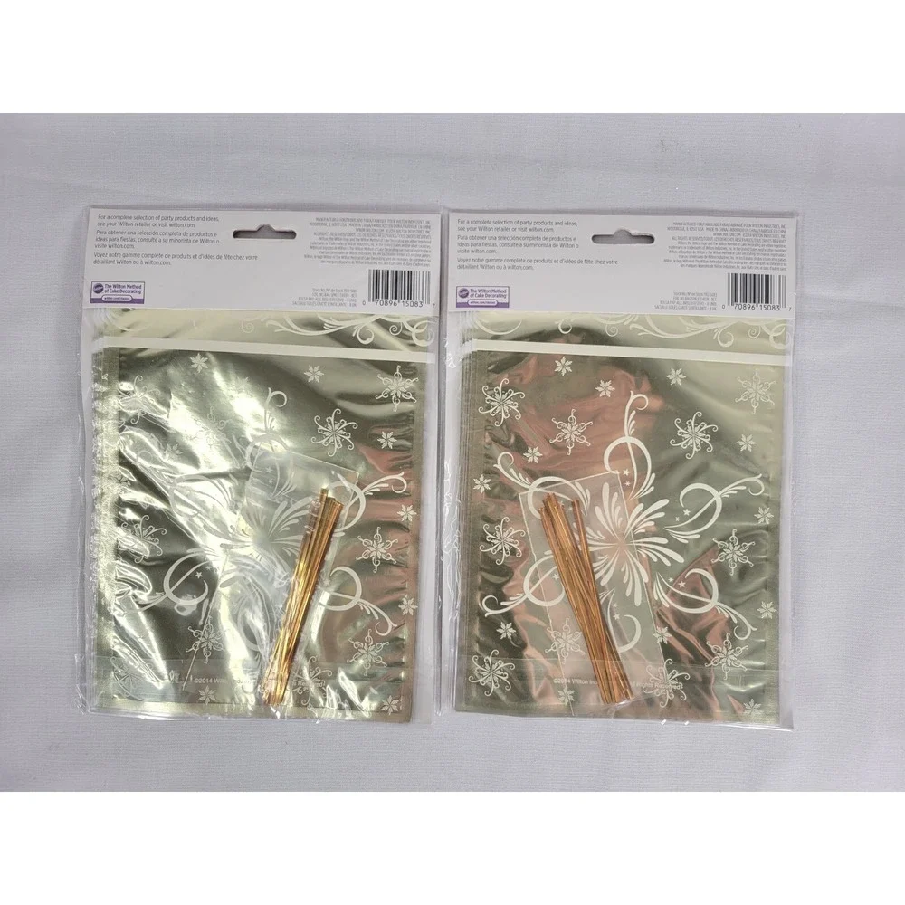 Lot of 2 packs Christmas Gold Foil Treat Bags 8ct Wilton NEW 16 total with ties